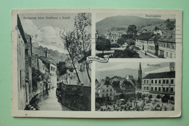Postcard PC Neustadt Haardt Weinstrasse 1918 Restaurant Zum Schiff Neptun-Square Marketday Town architecture Rheinland Pfalz